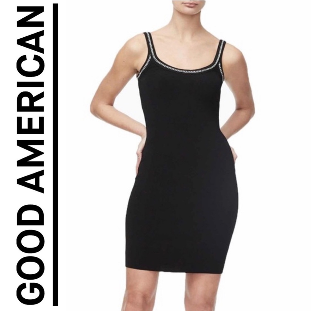 Good American Chain detailed knit tank mini dress black 2 M Ribbed Stretch Goth